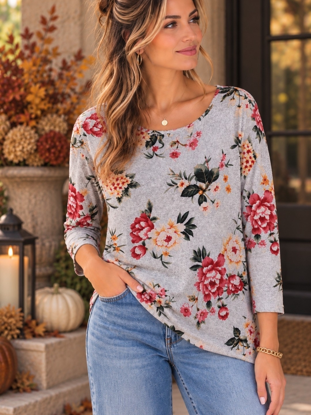 Ava James L Gray Floral Asymmetrical Hem 3/4 Sleeve Top Soft Cozy Fall Feminine